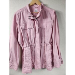 Gap Jacket Womens XXL Pink Twill Anorak Zip Front Cinched Waist Pockets Casual